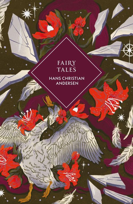 Text: "FAIRY TALES HANS CHRISTIAN ANDERSEN." Illustration mit Schwänen, Blüten und Sternen in lebendigen Farben.