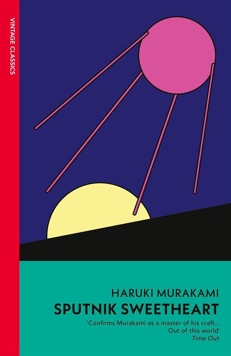"Haruki Murakami, Sputnik Sweetheart. Illustration: Ein rosa Sputnik, schwarze Linie, gelber Halbkreis, blauer Hintergrund."