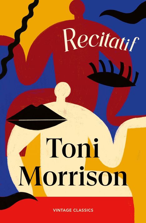 „Recitatif”, Toni Morrison. Bunte Illustration mit abstrakten Figuren und Formen in blau, rot, gelb und schwarz.