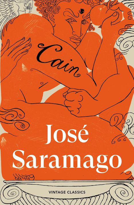 "Cain" und "José Saramago" in geschwungener Schrift. Illustration eines muskulösen Mannes mit Apfel und Flügeln.