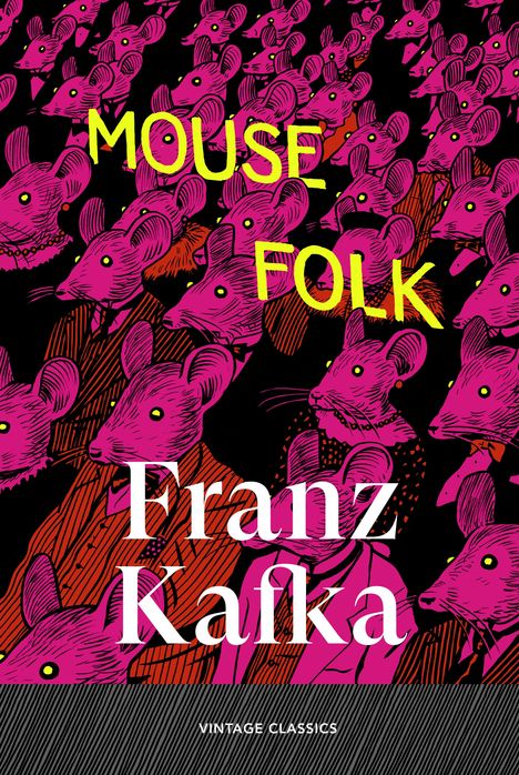 "Mouse Folk" in gelb, "Franz Kafka" in weiß. Illustration von Mäusen in Anzügen und Kleidern in Rosa auf schwarzem Hintergrund.