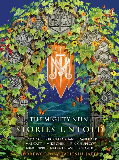„Critical Role“, „The Mighty Nein: Stories Untold“, Autorenliste. Ein Bogen aus Pflanzen mit Wappen, Sternenhimmel.