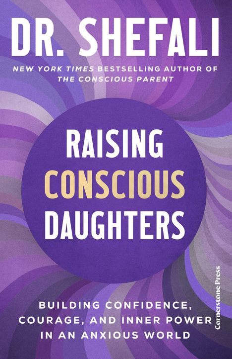 „Raising Conscious Daughters“ von Dr. Shefali. Lila Kreise und Wellenmuster dominieren.