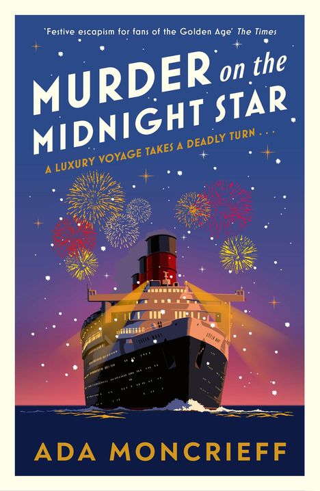 "Murder on the Midnight Star", "A luxury voyage takes a deadly turn". Illustration eines Schiffs mit Feuerwerk am Himmel.