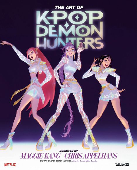 "The Art of K-Pop Demon Hunters" oben. Illustration von drei stilisierten, bunten Figuren in weißen Outfits, dynamische Posen.