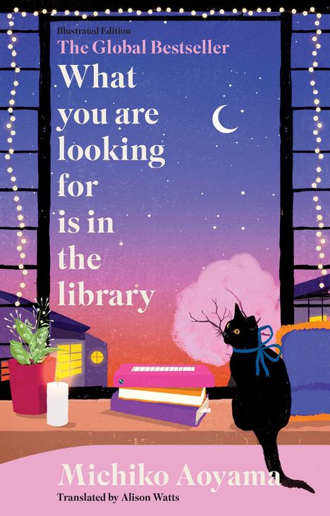 Titel: "What you are looking for is in the library". Eine Katze sitzt auf einer Fensterbank, darunter Bücher, Kerze und Pflanze.