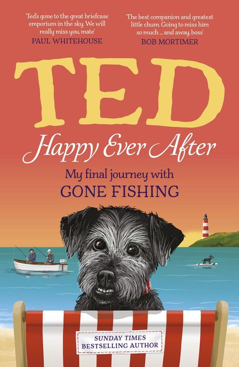 "TED Happy Ever After: My final journey with Gone Fishing." Hund in einem Strandkorb vor einem Meer mit Boot.