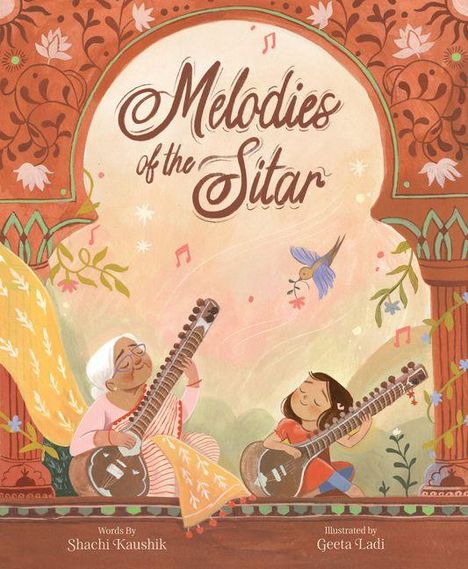 „Melodies of the Sitar“. Ein älterer Mann und ein Mädchen spielen Sitar unter kunstvoll verziertem Bogen.