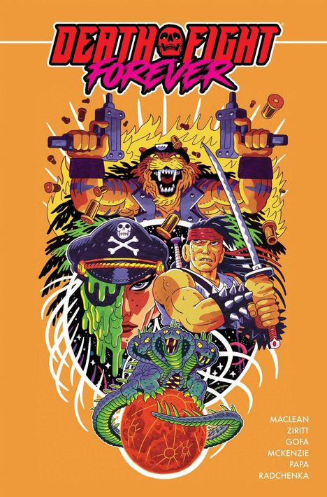 "DEATH FIGHT FOREVER" und Namen. Eine bunte, actionreiche Illustration mit Waffen, einem Tiger, Schlangen und einem Totenkopf.