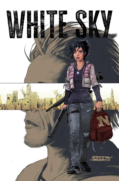 „WHITE SKY“ oben. Illustration: Frau in urbanem Setting, trägt Waffe und Tasche mit „N“. Hintergrund: Stadtansicht.