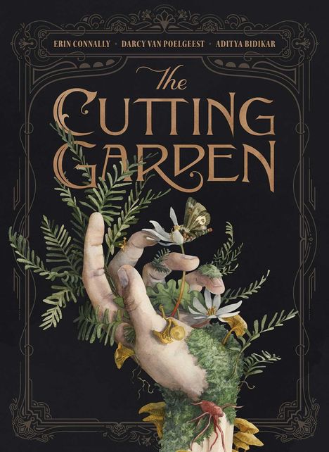 Text: „The Cutting Garden.“ Eine Illustration zeigt eine Hand mit Pflanzen und Blumen, die aus ihr wachsen.