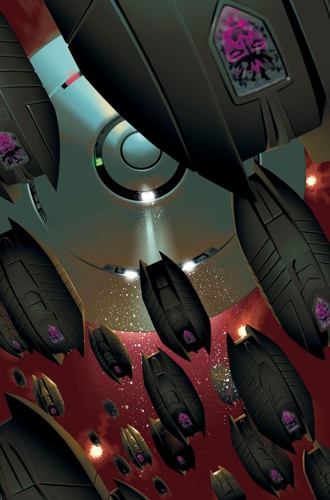 Ein düsteres, futuristisches Raumschiff-Setting mit kräftigen roten und schwarzen Farbtönen.