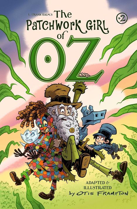 Titel: "The Patchwork Girl of Oz". Illustration: Bunte Figuren, darunter ein bunter Flicken-Mensch und ein alter Mann mit Bart.
