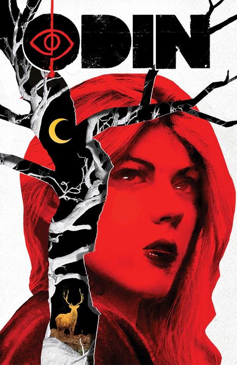 Text: „ODIN“ mit rotem Auge. Illustration: Frau in Rot, Baumrisse. Gelber Hirsch und Mond.