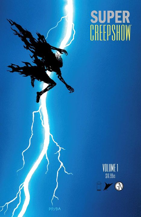 "SUPER CREEPSHOW" in großen Buchstaben, blauer Hintergrund, schwarze Silhouette einer Figur, die von einem Blitz getroffen wird.