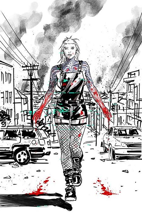 Illustration: Eine Frau mit Tattoos und Latzhose, blutige Hände, geht durch eine zerstörte Straße, starke Rauchwolken im Hintergrund.