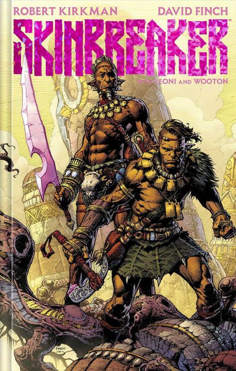 "SKINBREAKER" steht groß oben. Zwei muskulöse Krieger in Rüstungen, einer mit einem großen, rosa Schwert. Hintergrund futuristisch.