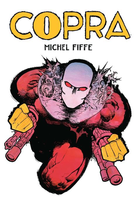 Text: "COPRA, MICHEL FIFFE". Eine Comicfigur mit hellem Gesicht, roten Augen und pink-rotem Körper in dynamischer Haltung.
