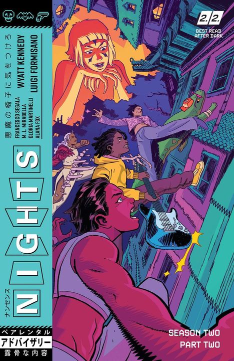 "NIGHTS", "SEASON TWO PART TWO". Bunte Illustration von Charakteren in Actionpose auf einem Gebäude mit Gitarren.