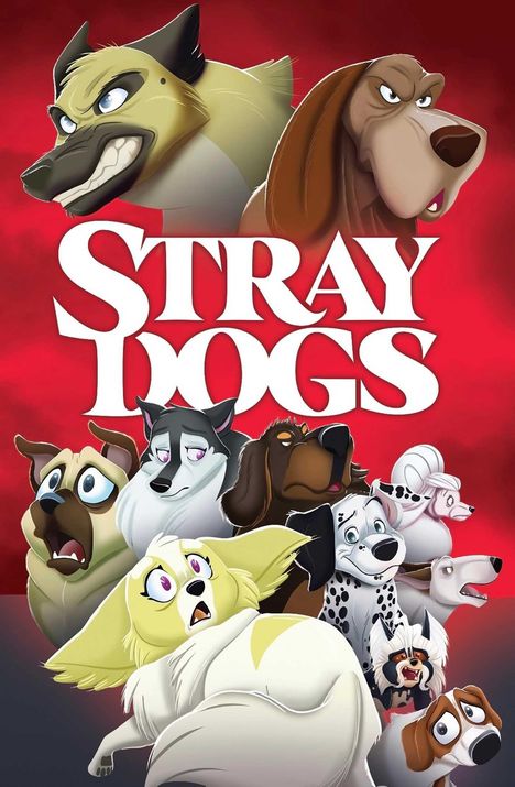 "STRAY DOGS" steht in großen weißen Buchstaben auf rotem Hintergrund. Verschiedene gezeichnete Hunde schauen in verschiedene Richtungen.