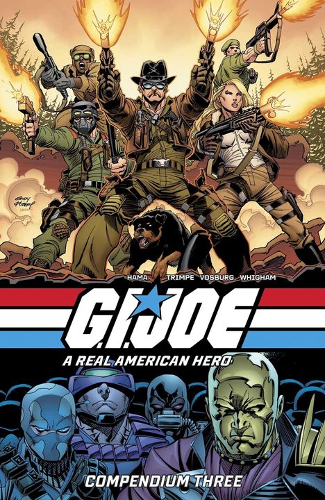 "G.I. JOE - A REAL AMERICAN HERO. COMPENDIUM THREE." Soldaten und ein Hund greifen mit Waffen an, Explosionen im Hintergrund.