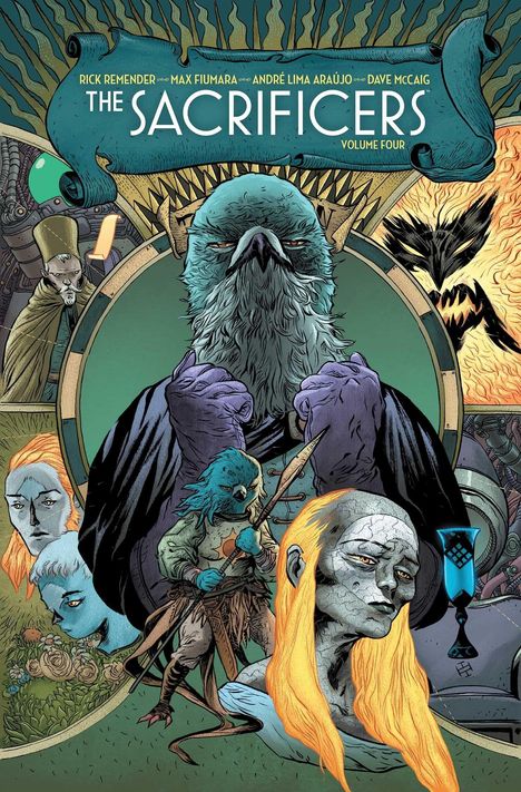 "The Sacrificers Volume Four" steht auf einer detaillierten Illustration mit fantastischen Wesen und Figuren, die geheimnisvoll wirken.