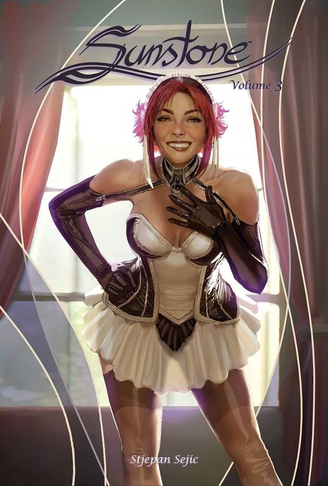 Oben steht "Sunstone Volume 3". Eine Frau lächelt in einem eleganten Outfit mit Korsett und Handschuhen.