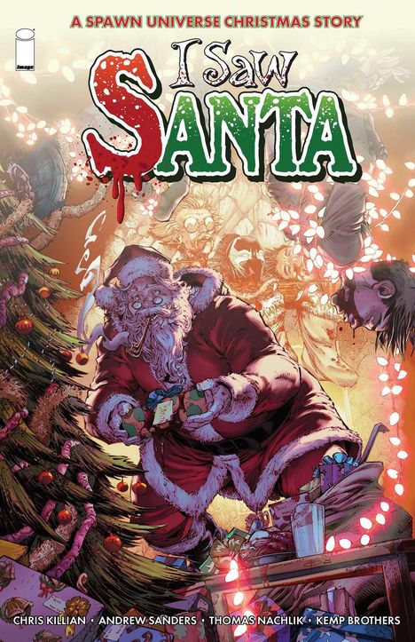 Text: "A SPAWN UNIVERSE CHRISTMAS STORY", "I Saw SANTA". Illustration: Ein düsterer Weihnachtsmann mit Geschenken.