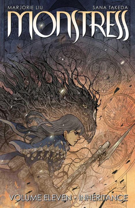 "MONSTRESS VOLUME ELEVEN: INHERITANCE". Eine Kriegerin mit Speer und langen Haaren, umgeben von dunklen Kreaturen.
