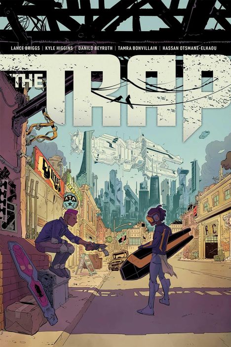 "The Trap" steht groß oben. Zwei Personen in futuristischer Stadt; eine hockend mit Gerät, die andere stehend mit Board.