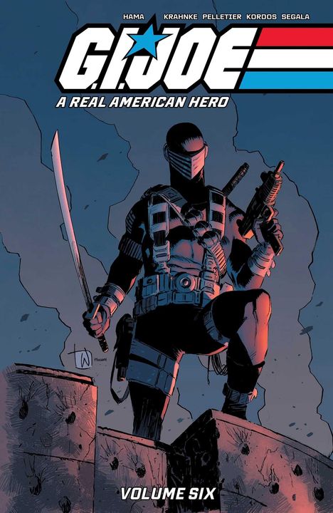 G.I. JOE, A REAL AMERICAN HERO, VOLUME SIX. Illustration eines bewaffneten Ninja auf einem Dach bei Dämmerung.