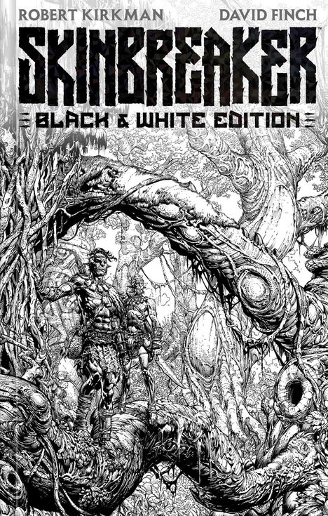 "SKINBREAKER: BLACK & WHITE EDITION." Dichte, detailreiche Illustration eines Waldes mit zwei Kriegern auf einem Ast.