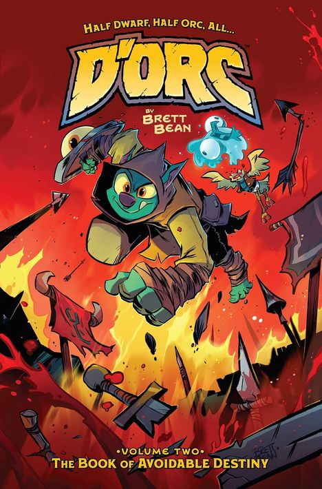 Illustration: "Half Dwarf, Half Orc, All... D'ORC" von Brett Bean. Heldenhafte Figur mit Kapuze springt durch Flammen.