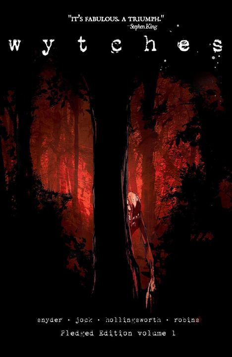 "IT'S FABULOUS. A TRIUMPH." - Stephen King. Titel: Wytches. Eine düstere Waldillustration in Rot und Schwarz.