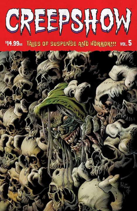 „Creepshow“ in großen Buchstaben, darunter „Tales of Suspense and Horror“. Illustration mit Schädelformationen und unheimlicher Figur.