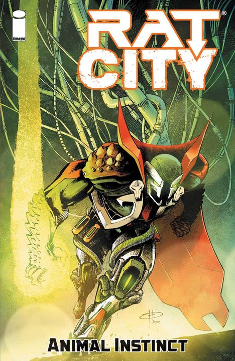 "RAT CITY" und "Animal Instinct" in Großbuchstaben. Illustration eines futuristischen, kämpfenden Kriegers mit rotem Umhang.