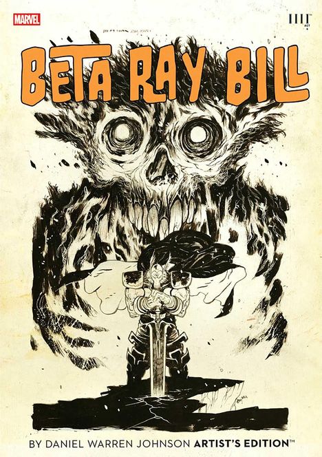 „BETA RAY BILL“ in orange Schrift. Illustration eines Kriegers vor einem bedrohlichen, geisterhaften Gesicht.