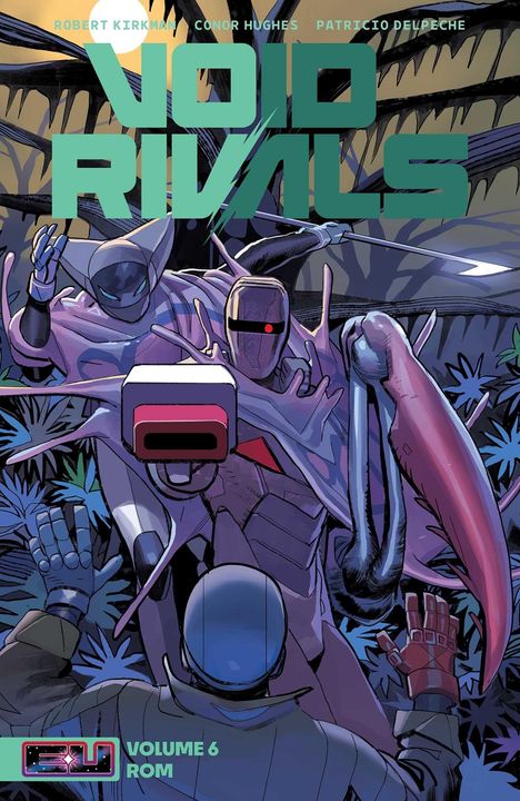 "VOID RIVALS" steht prominent. Zwei futuristische Figuren in Sci-Fi-Rüstung in einer dschungelartigen Umgebung.