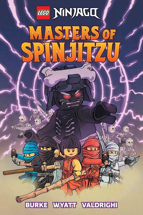 „LEGO NINJAGO MASTERS OF SPINJITZU“ in bunten Buchstaben, Ninja-Figuren und ein riesiger schwarzer Krieger mit lila Blitzen.