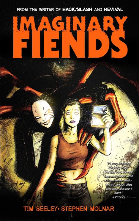 "IMAGINARY FIENDS" in orange. Frau mit FBI-Ausweis, von einer unheimlichen Kreatur mit Tentakeln umarmt.