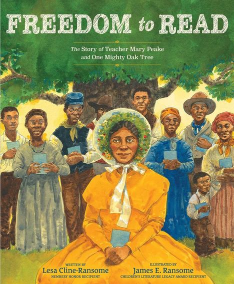 "FREEDOM to READ" – Eine Illustration zeigt eine Gruppe von Menschen unter einem Baum, eine Frau in einem gelben Kleid vorne.