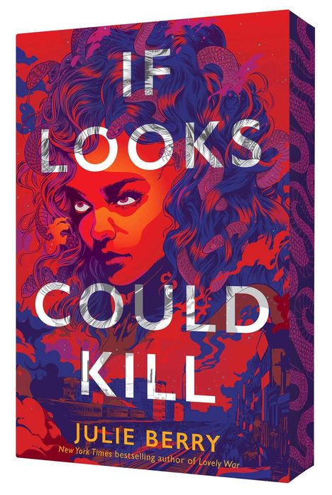 Text: "IF LOOKS COULD KILL" und "JULIE BERRY". Illustration mit einem intensiven Gesicht und welligem Haar in Rot- und Lilatönen.