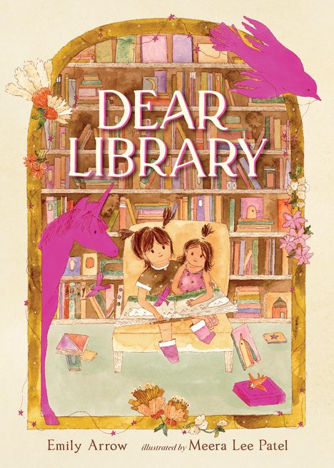 Text: "DEAR LIBRARY, Emily Arrow, illustrated by Meera Lee Patel." Illustration: Zwei Kinder auf einem Sofa vor Bücherregal.