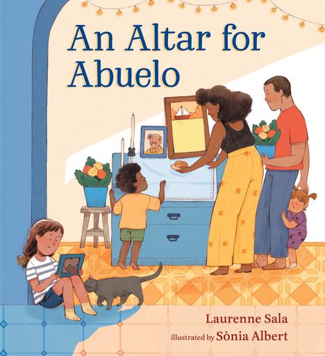 Text: "An Altar for Abuelo"

Illustration einer Familie, die einen Tisch mit Fotos, Blumen und Kerzen dekoriert. Ein Kind sitzt mit einer Katze.