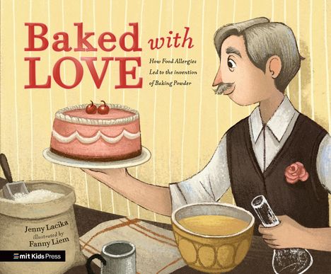 "Baked with LOVE" in roter Schrift. Illustration: Ein Mann hält eine Torte, daneben Schüssel und Messbecher.