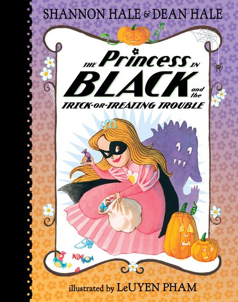Text: "The Princess in Black and the Trick-or-Treating Trouble." Illustration mit Prinzessin, Kürbissen und einem lila Monster.