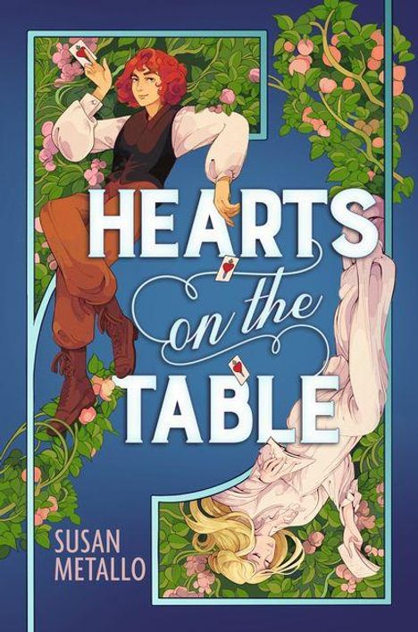 "Hearts on the Table" von Susan Metallo. Illustration von zwei Personen in einer floralen Bildumrandung mit Spielkarten.