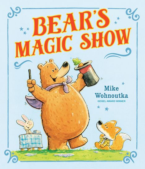"BEAR'S MAGIC SHOW" in großer Schrift. Ein lächelnder Bär hält einen Zauberstab und einen Hut, daneben ein Hase und ein Fuchs.