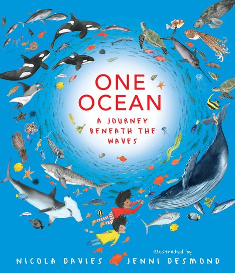 "ONE OCEAN: A JOURNEY BENEATH THE WAVES." Illustration: Meerestiere wie Wale, Delfine, Fische und zwei Kinder im Wasser.
