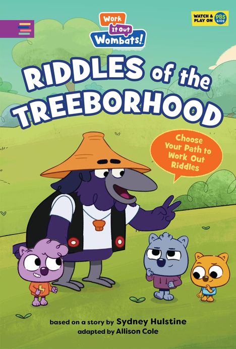 "RIDDLES of the TREEBORHOOD. Choose Your Path to Work Out Riddles." Drei animierte Figuren auf einer Wiese.